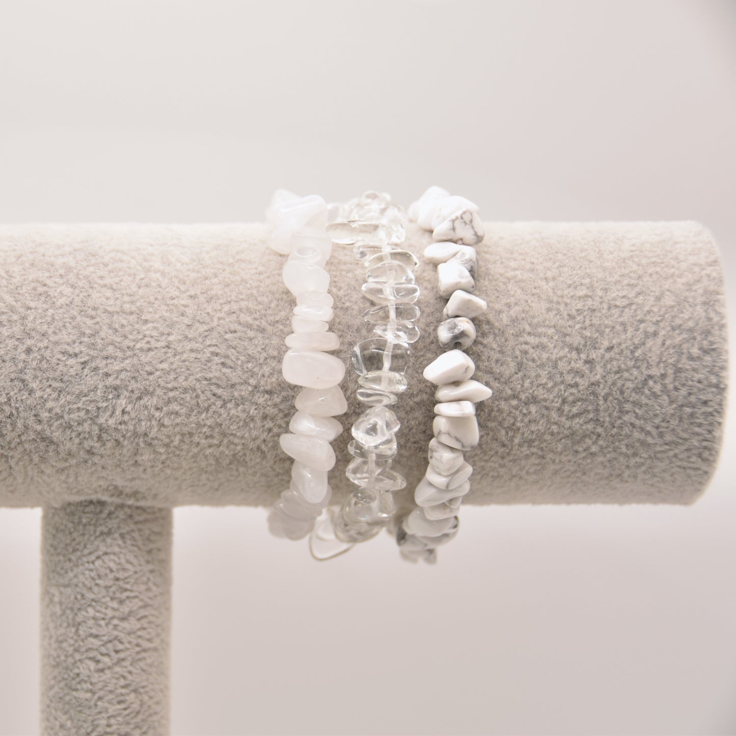 Clear Quartz, White Jade & White Howlite Bracelet Trio