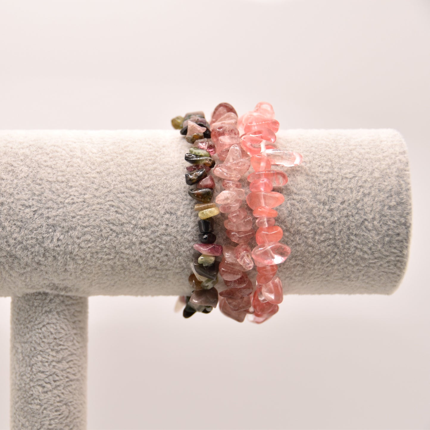 Rose Quartz, Strawberry Quartz & Tourmaline Bracelet Trio